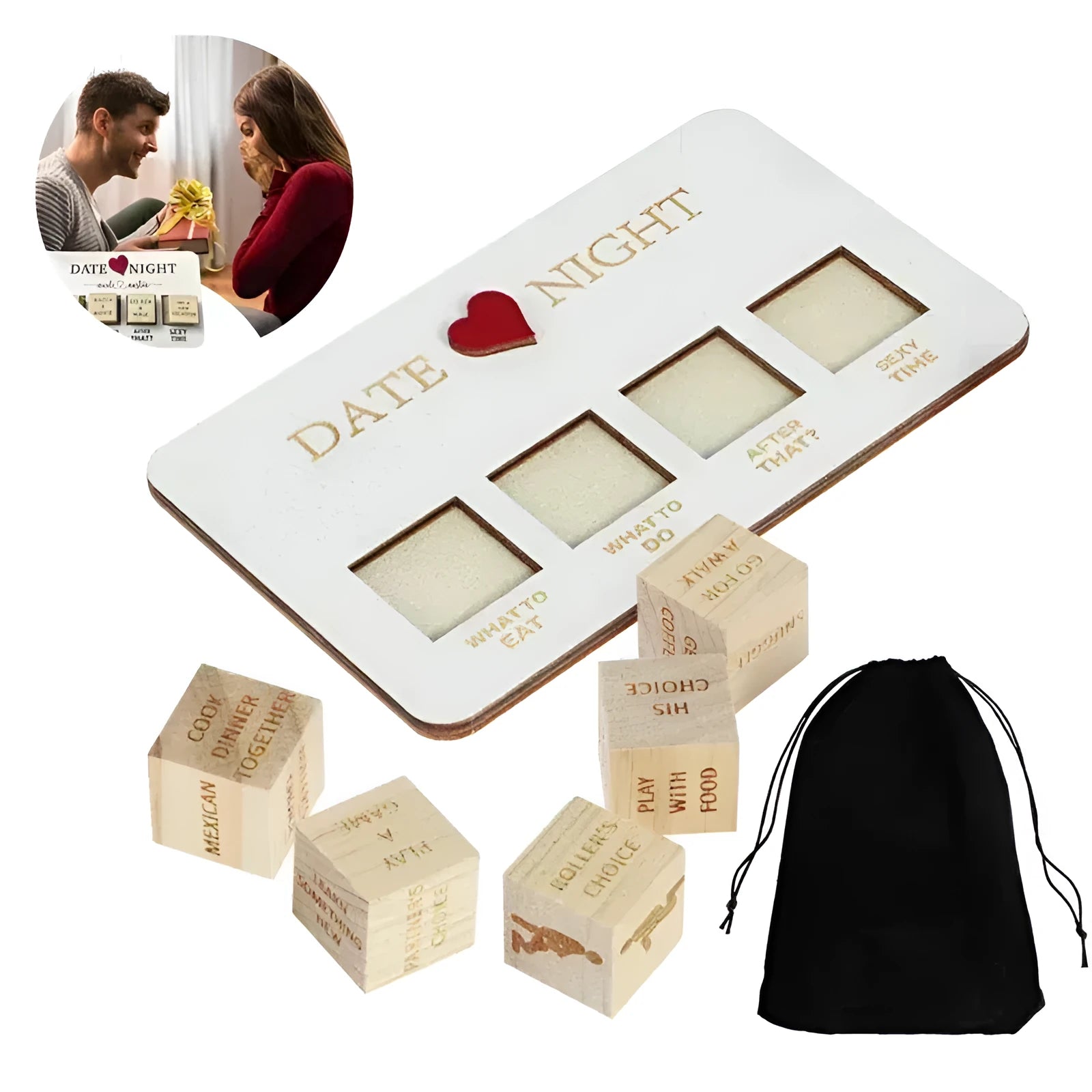 Wooden date night dice set showing five wooden dice, a rectangular planner board, and a black storage bag.