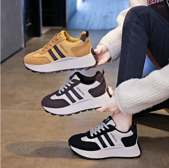 Ladies' thick soled casual shoes with stripe pattern, synthetic leather upper, round toe, in black, yellow, and coffee colours