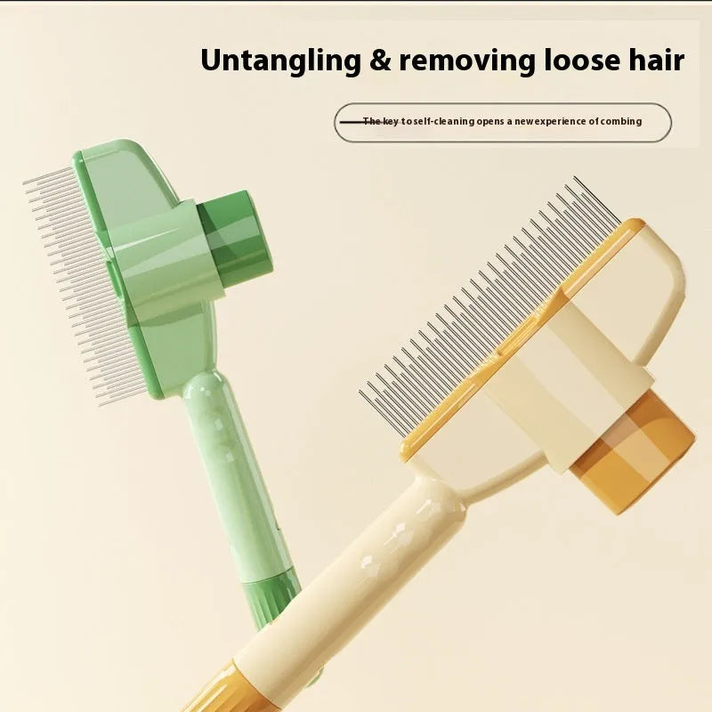 Green self-cleaning pet comb for dogs and cats with stainless steel teeth on a white background.