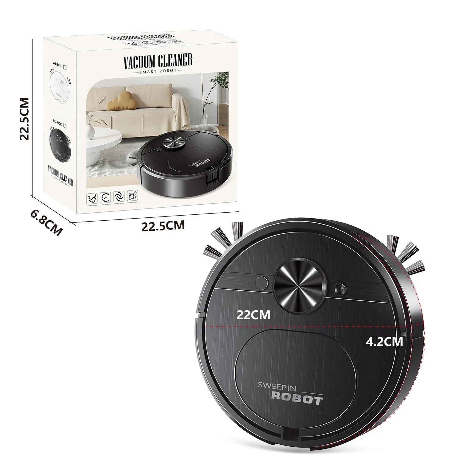 White or black 3-in-1 robotic floor cleaner with vacuum, sweep, and mop functions