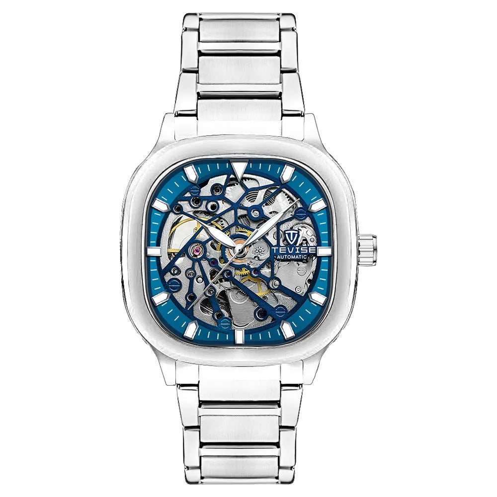 Men's square automatic waterproof watch with luminous dial on a stainless steel strap.