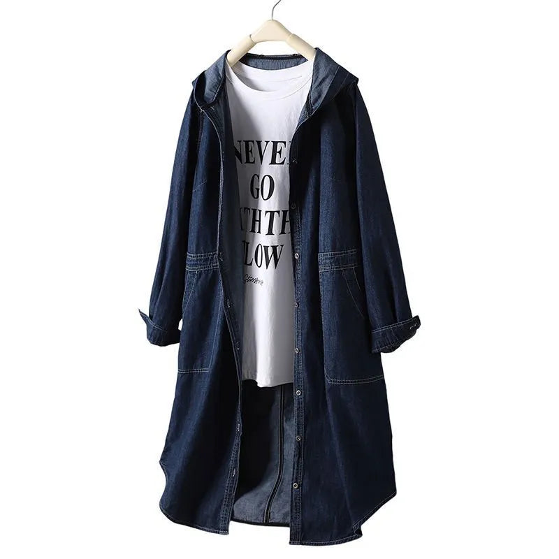 Long sleeve solid colour hooded denim top in Denim Blue with large front pocket