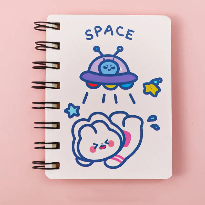Astronaut series portable flipper notebook showing 10.5cm by 8cm size and optional cover designs.