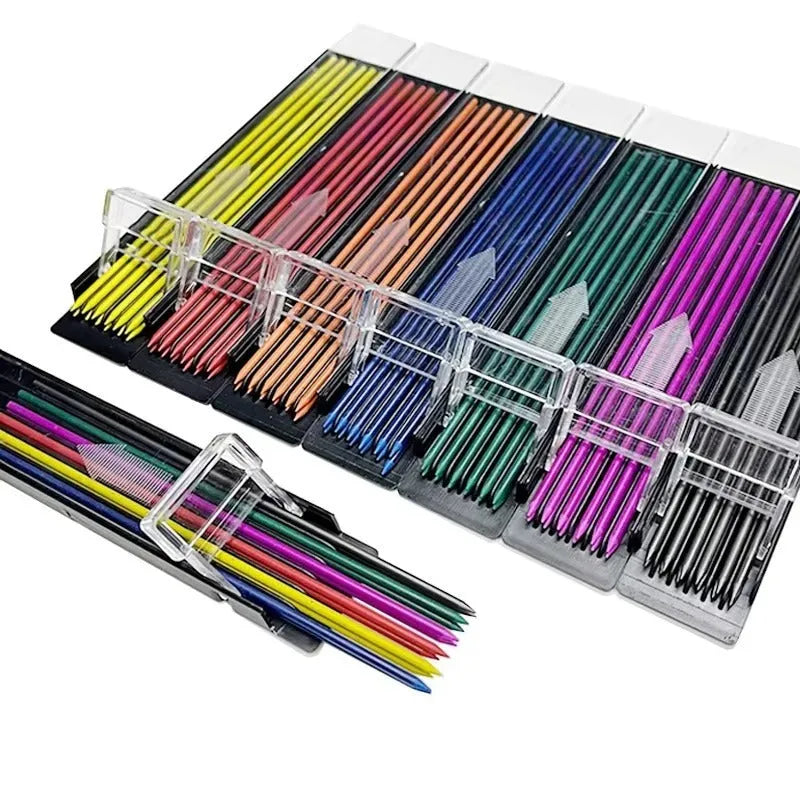 Boxed pencil refill with 12 erasable mechanical pencil replacement leads in rainbow colours for drawing and painting