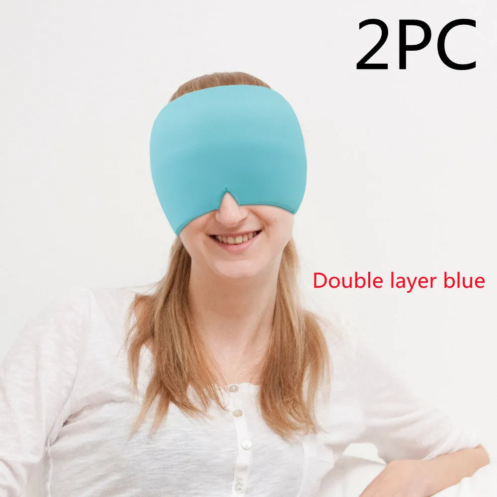 Black reusable ice gel headache relief eye mask on a white background.