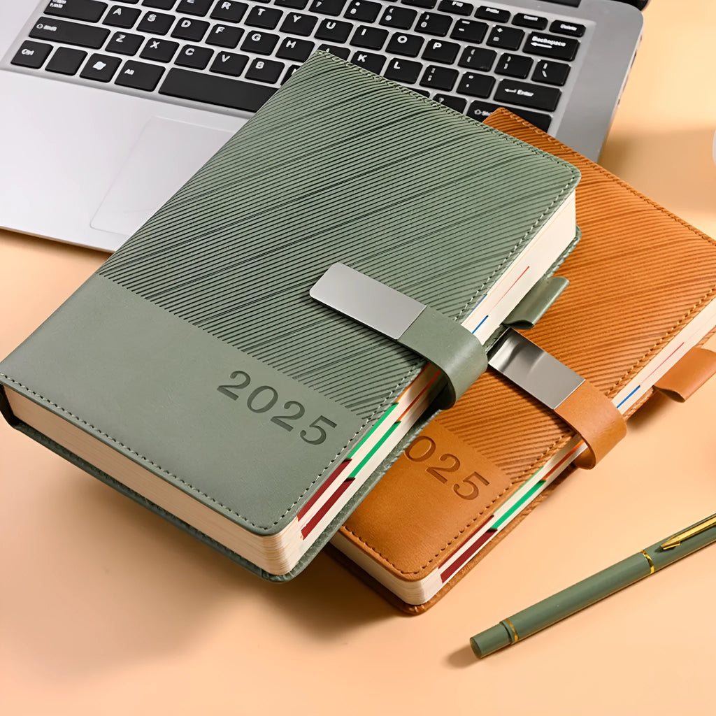 A4 striped PU leather business notepad open on a desk showing 80g paper, available in eight colours.