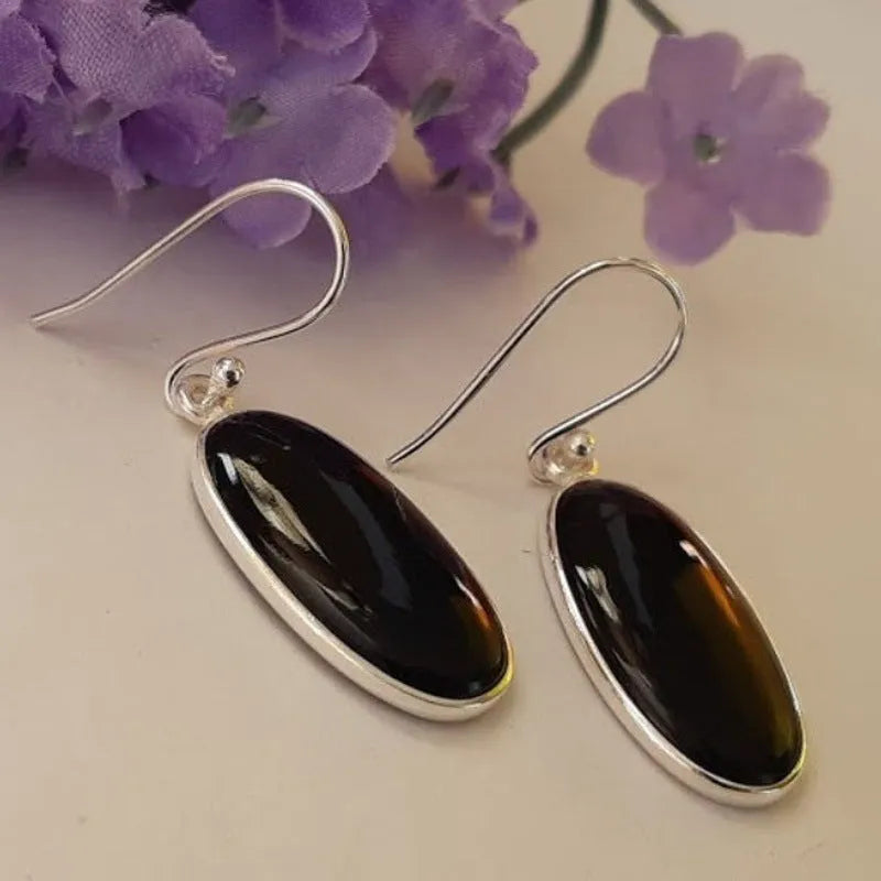 Black oval agate geometric pendant earrings with 925 silver electroplated alloy for women