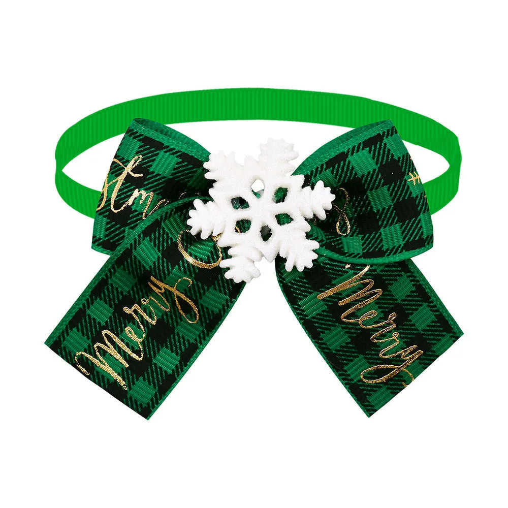 Red and green British style polyester bow tie accessory with elastic band for pet, doll or Christmas tree.