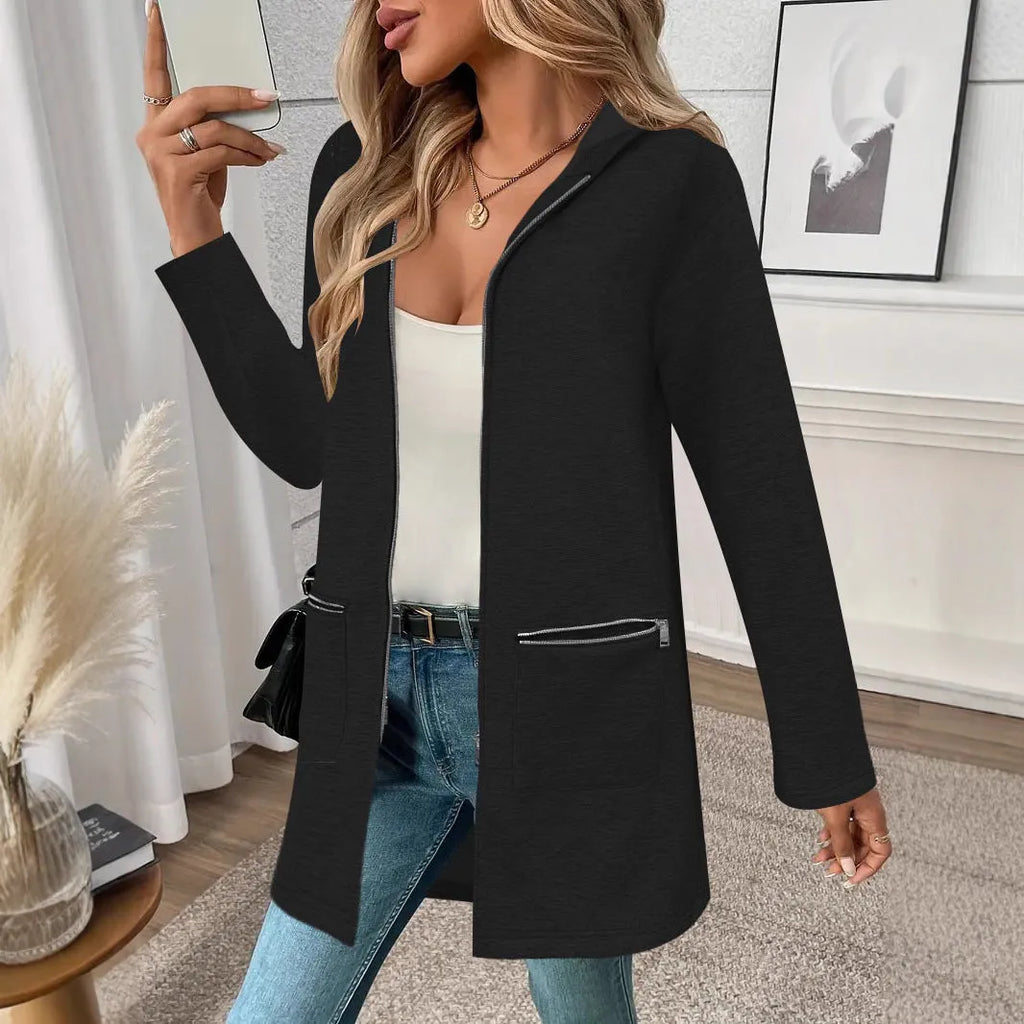 Women's loose fit mid-length cardigan coat in polyester fabric