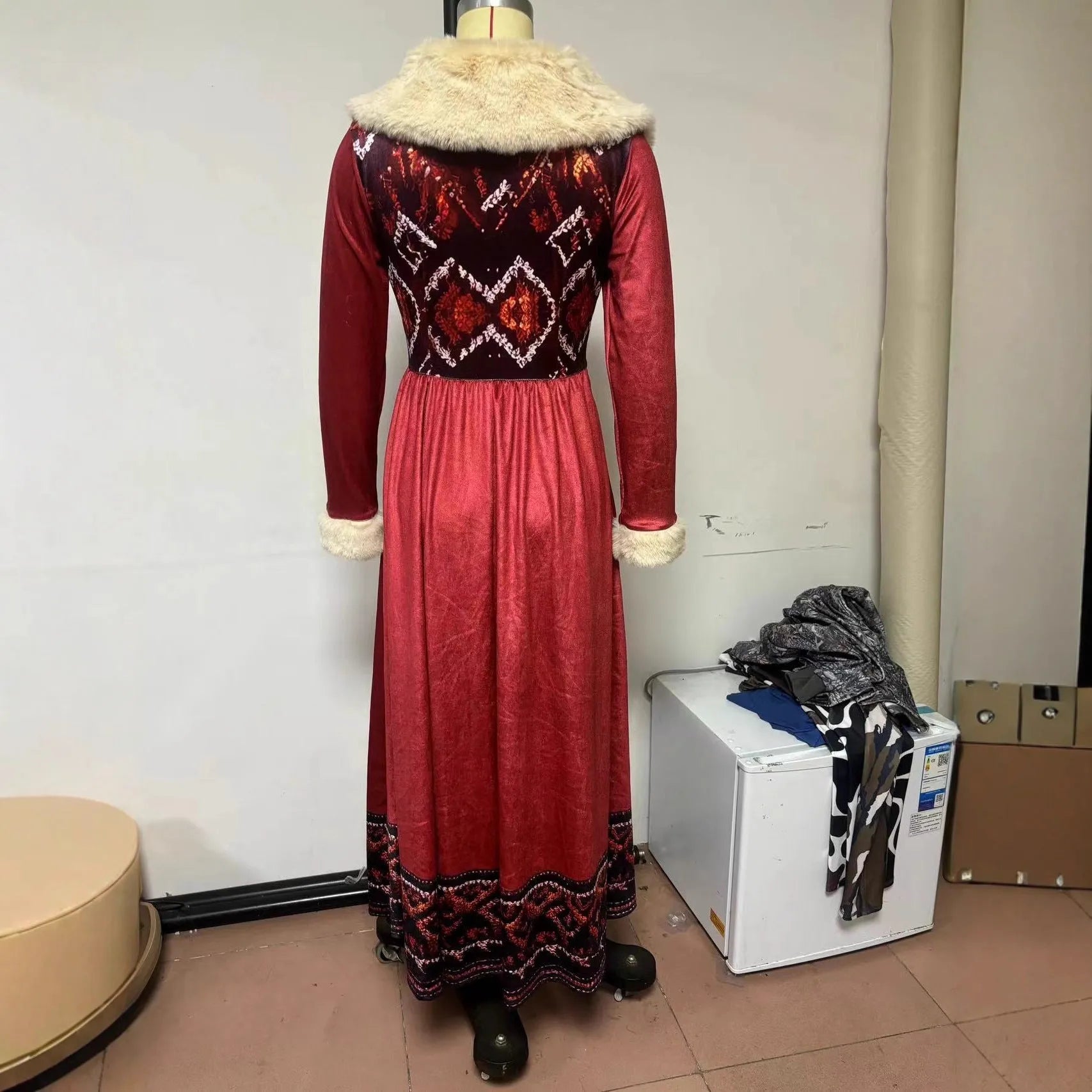 Red fur collar long thickened dress with asymmetric skirt and high waist, front view