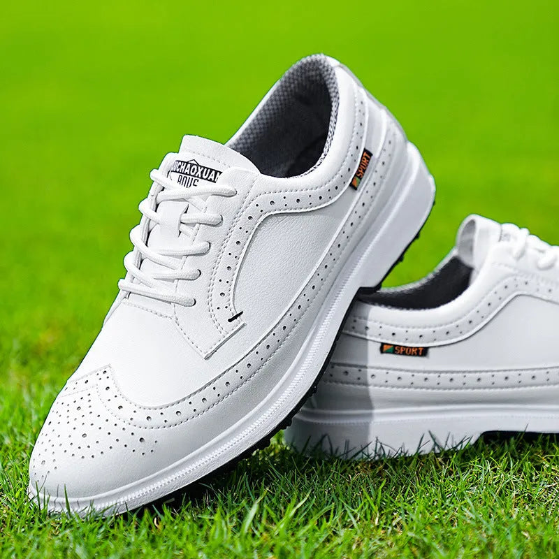 Men's genuine leather golf shoe in lake blue with non-slip rubber outsole.