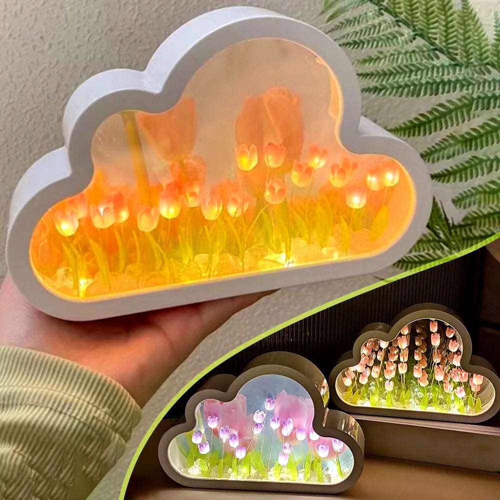 DIY cloud tulip decorative night lamp with LED lights and mirror surface for bedroom or desk