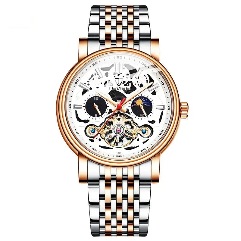 Men's tourbillon mechanical watch with luminous hands on a black leather strap
