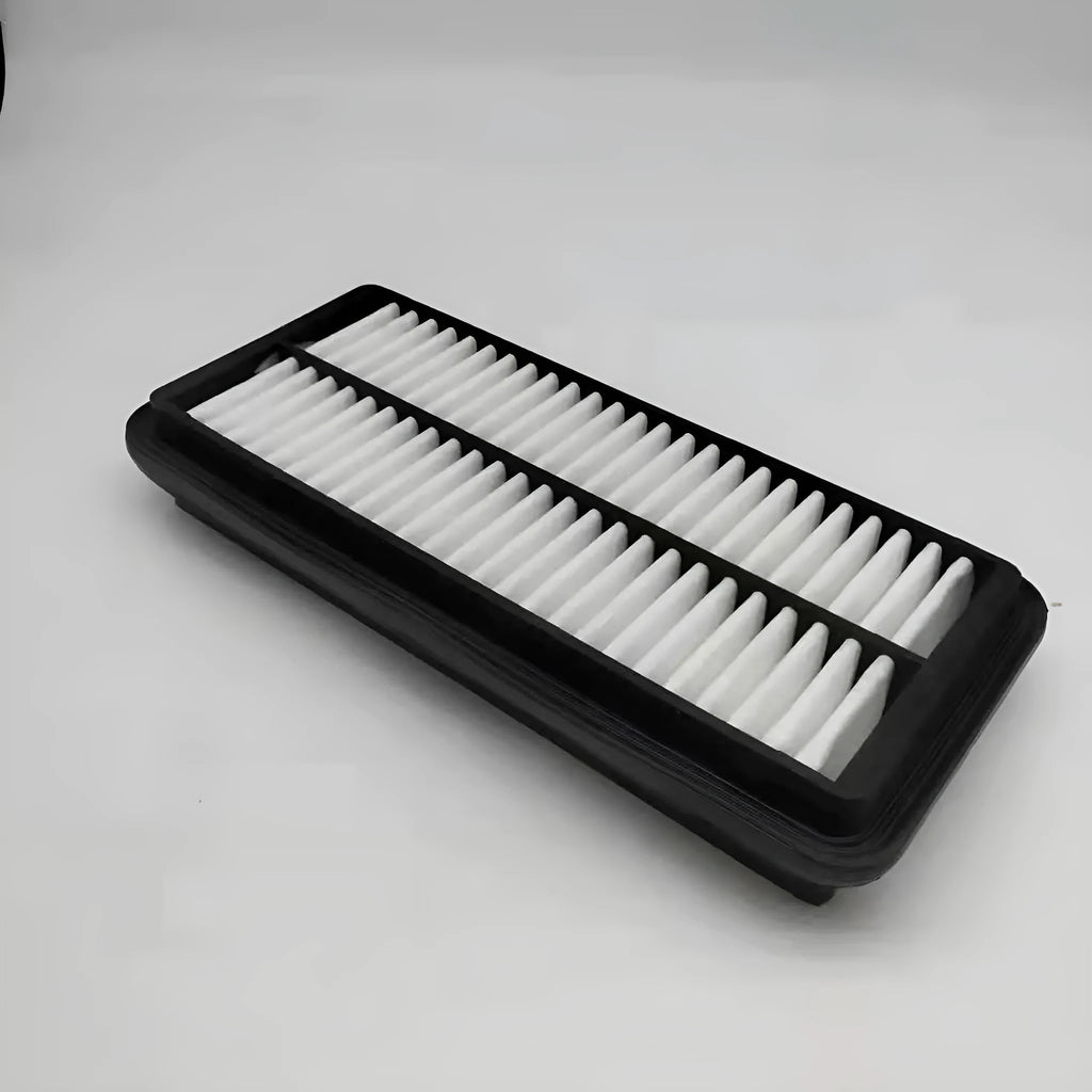 Black rectangular car air filter measuring 256mm by 113mm by 40mm dimensions