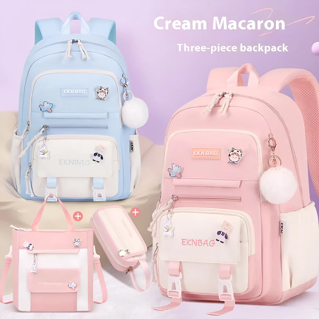 Girls' pink waterproof Oxford cloth school backpack with curved shoulder straps.