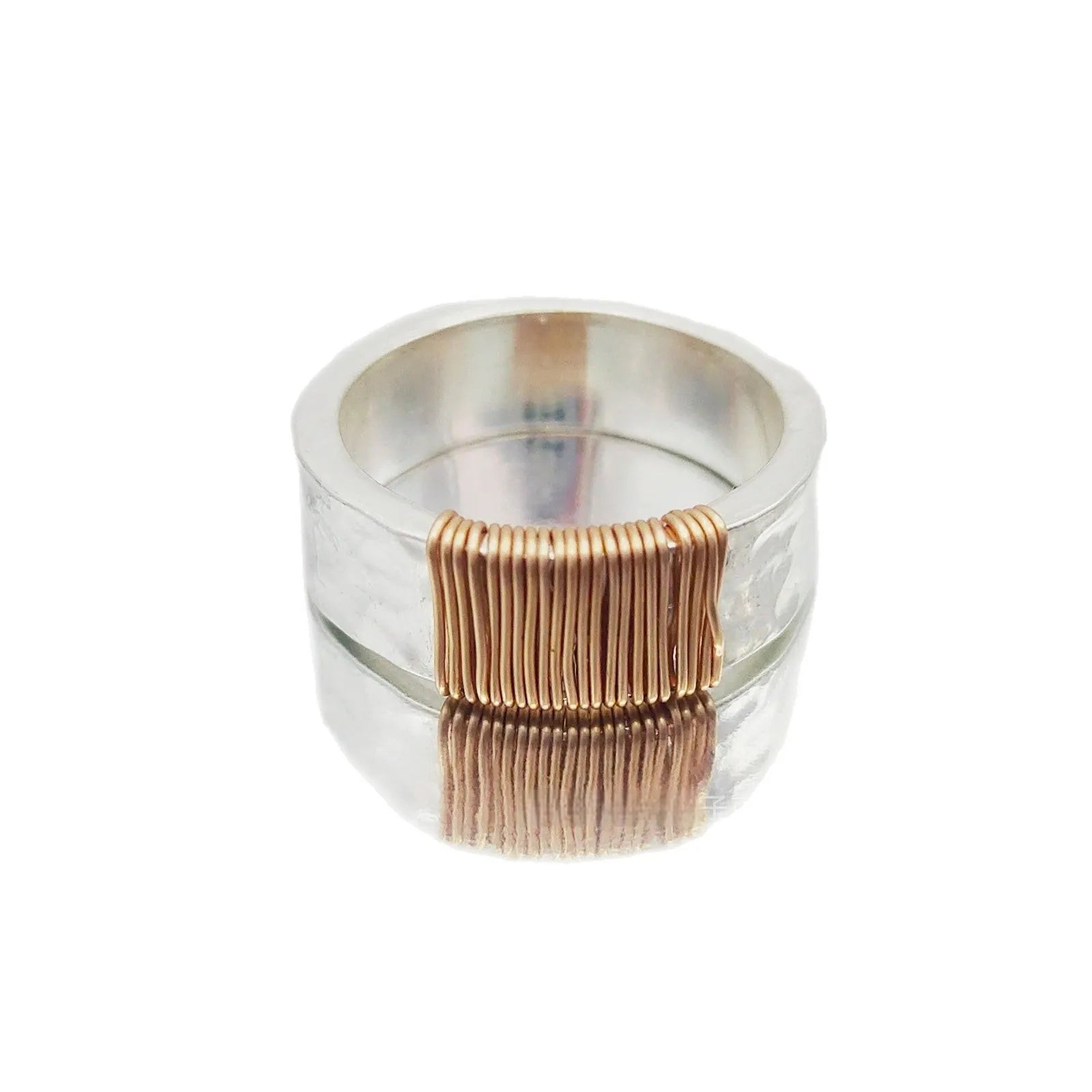 Copper geometric wide face bracelet ring with irregular vintage coil style in silver golden colour