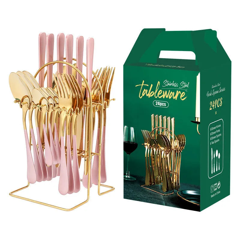 24-piece stainless steel cutlery set with storage rack in a gold finish