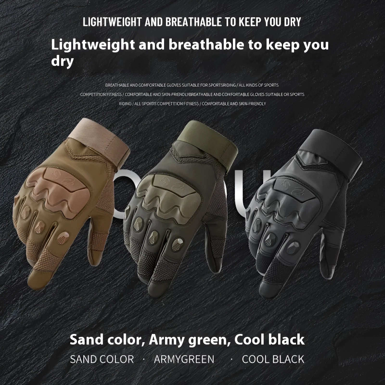 Men's black tactical training full finger gloves with touchscreen fingertips and knuckle protection
