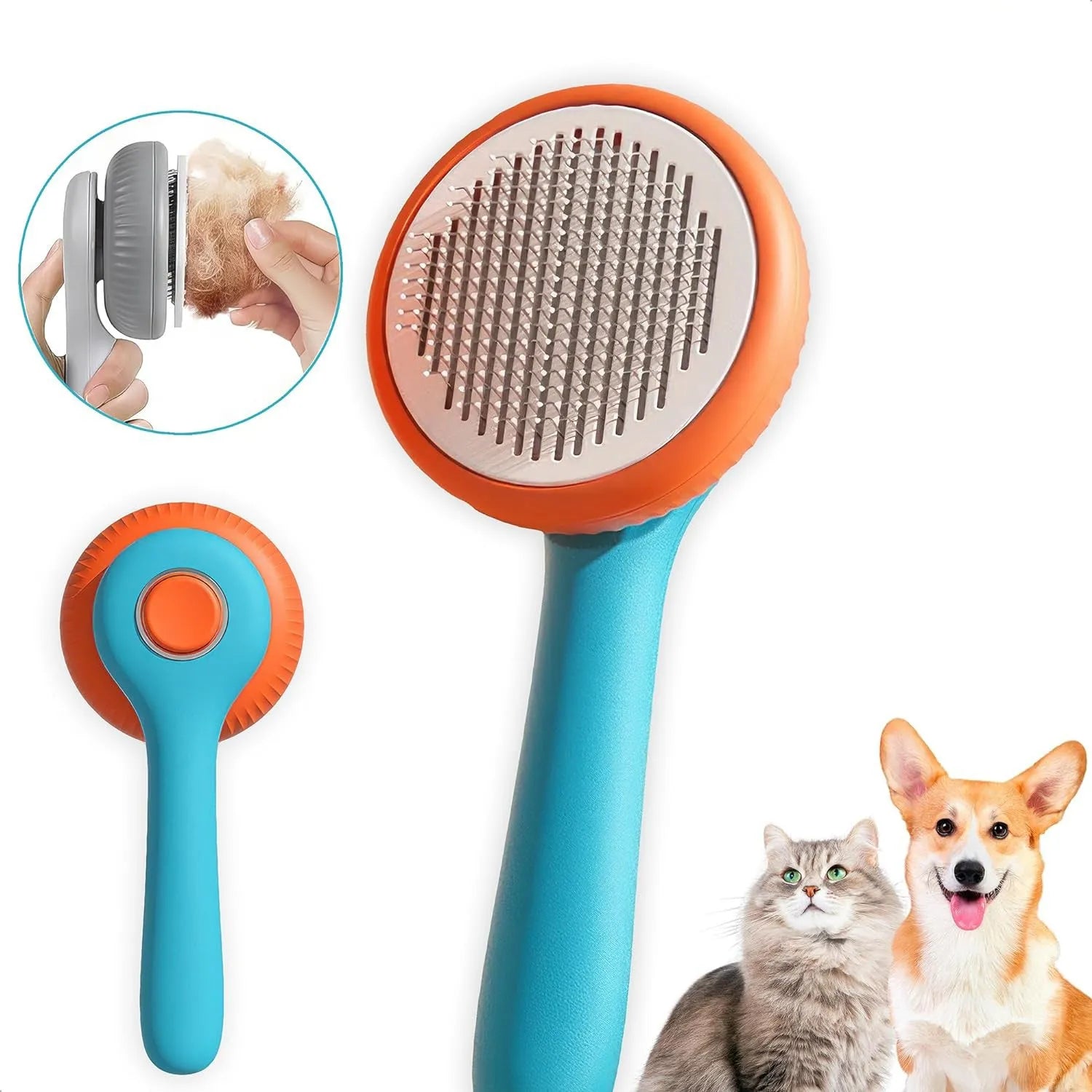 Blue and white self-cleaning pet grooming brush with retractable bristles for cats and dogs.