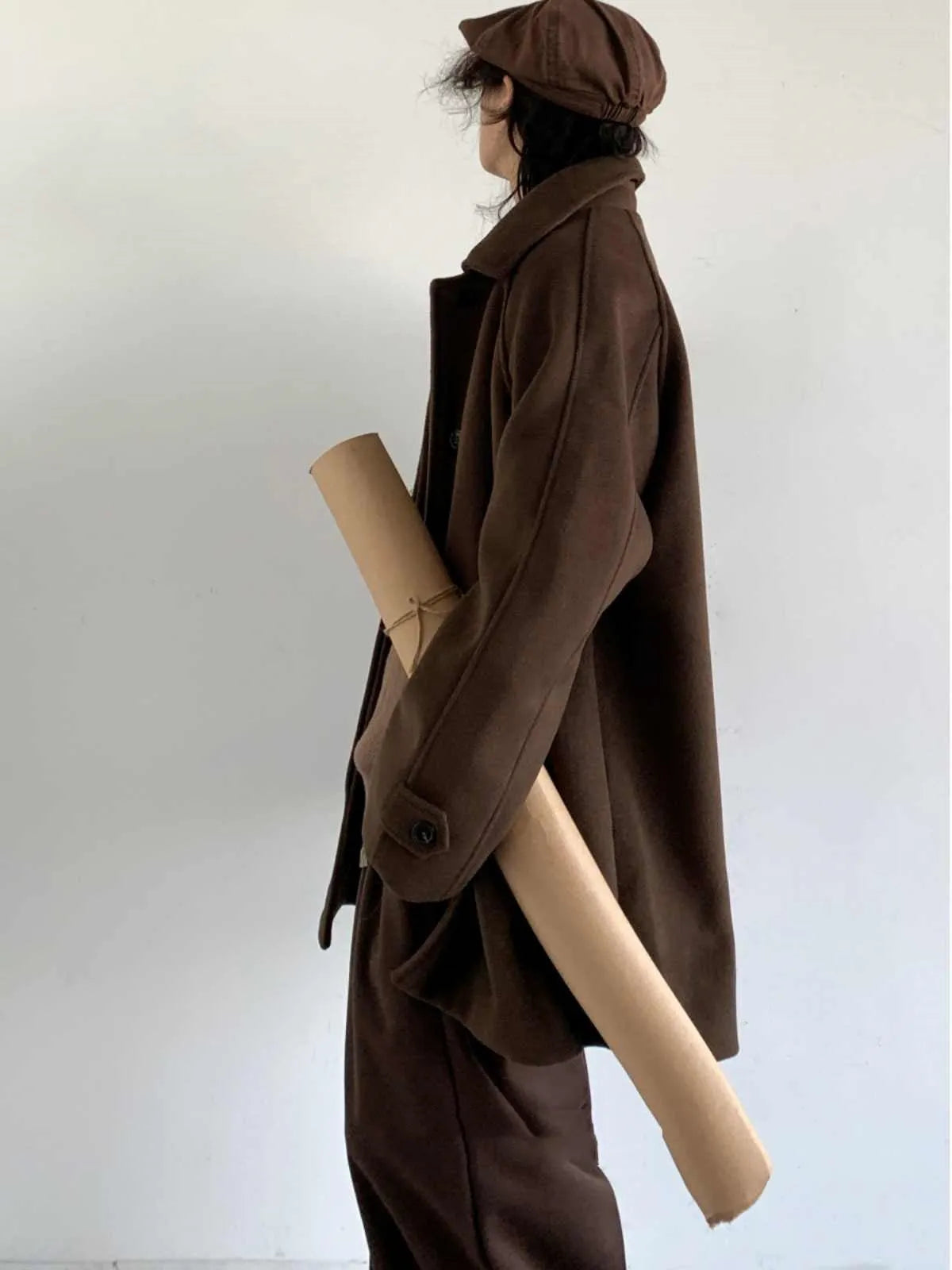 Men's brown woolen coat double breasted lapel mid-length loose fit long sleeve winter coat