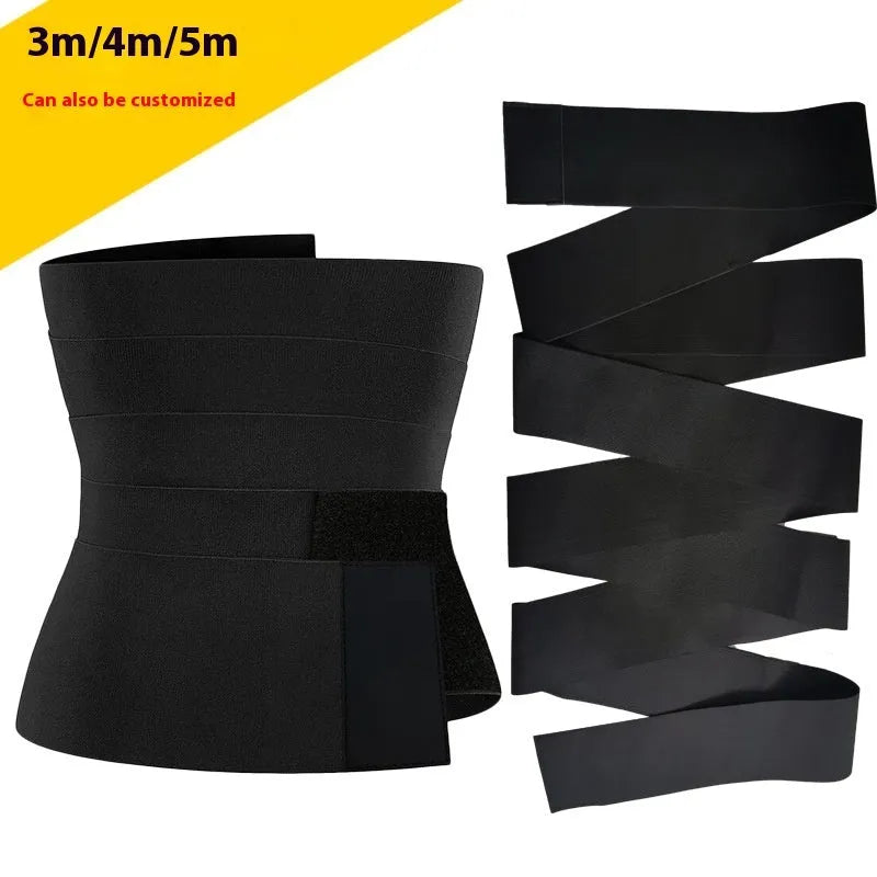 A long roll of a black latex silk waist trainer restraint belt, showing its 10cm width, laid flat.