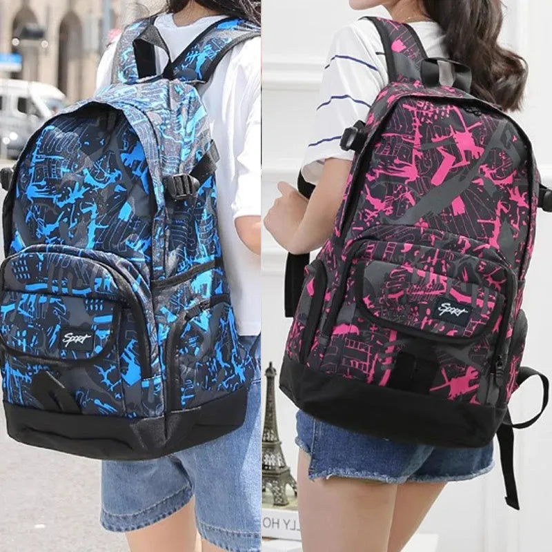 Blue and red classic nylon backpack showing front view and multiple compartments
