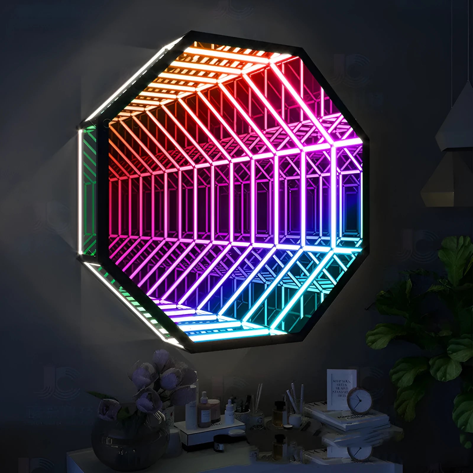 Modern creative octagon wall lamp with colourful mirror glass shade and Bluetooth smart control in 30cm size