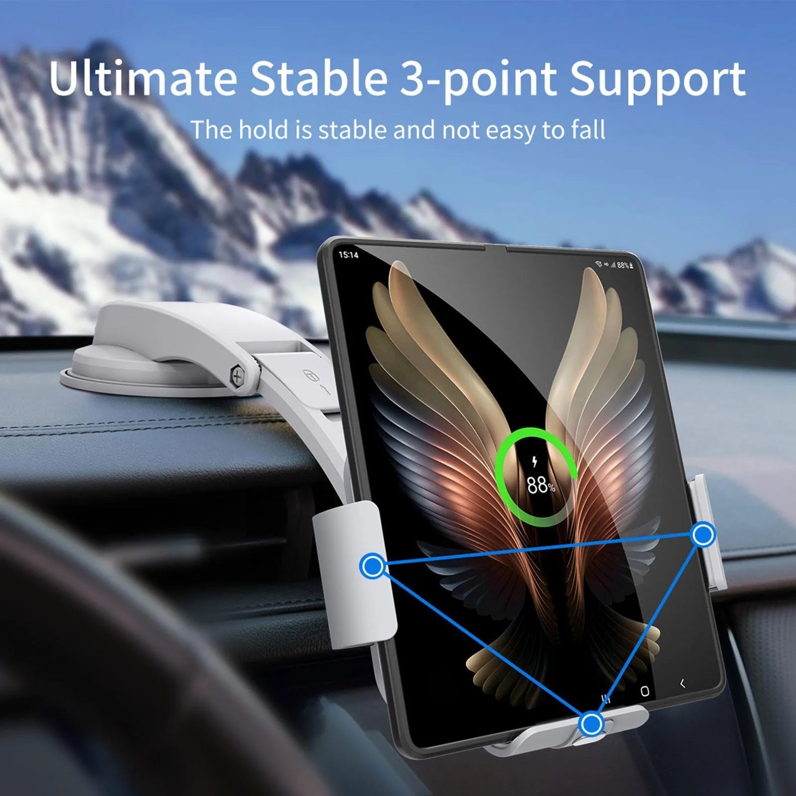 Grey wireless charging car phone holder with folding screen showing air conditioner clip and suction cup mounting options
