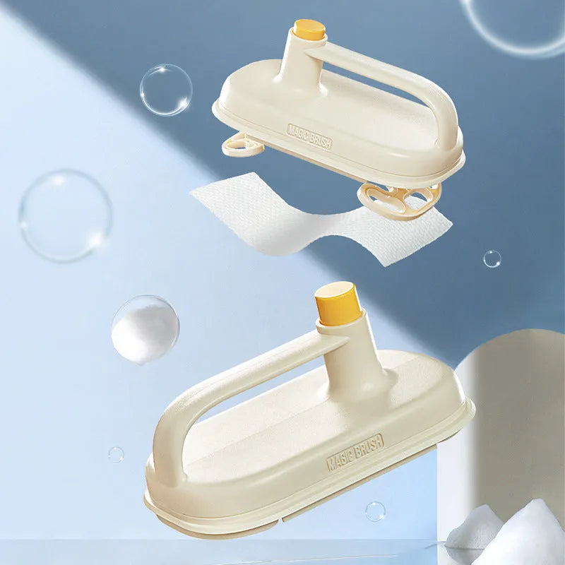 Disposable Magic Brush cleaning tool with plastic handle and stack of 50 white non-woven fabric refill rags.
