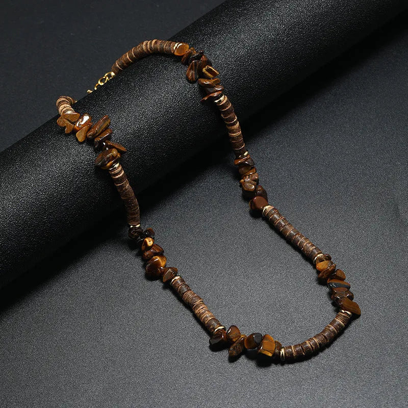 Men's bohemian turquoise coconut shell punk necklace with crystal pendant and beads on adjustable chain