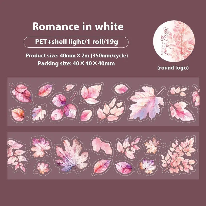 Deciduous Poetry Series PET decorative sticker roll showing autumn leaf patterns in six colours, 40mm wide.