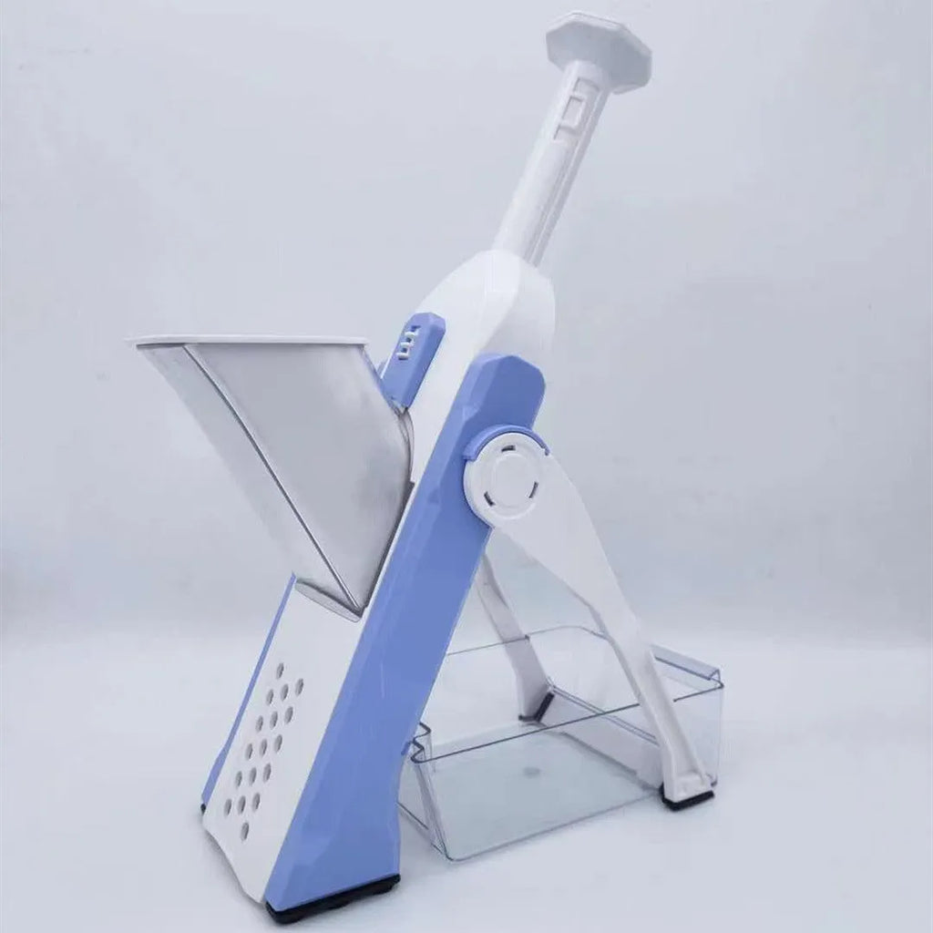 Multifunctional vegetable cutter in orange with adjustable slicing thickness and fold-down design, 32x12x6.3cm