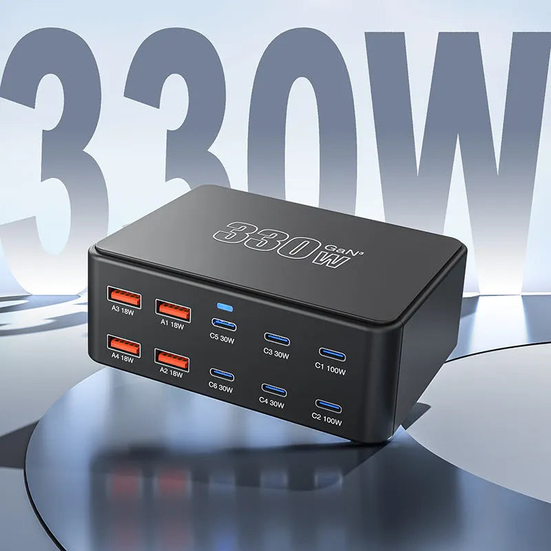 330W super fast charge porous charger with 120W output in black casing, multi-region plug