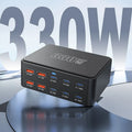330W super fast charge porous charger with 120W output in black casing, multi-region plug