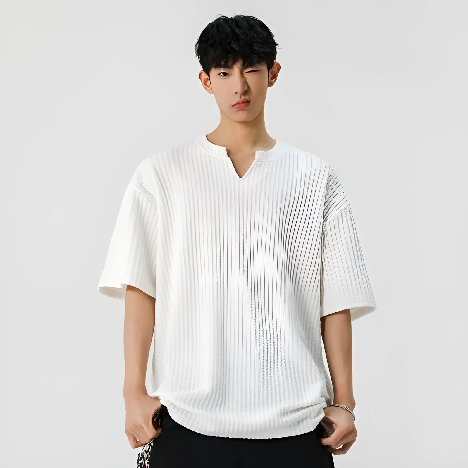 Men's casual loose fit short sleeve V-neck t-shirt in solid beige colour with drop shoulder design