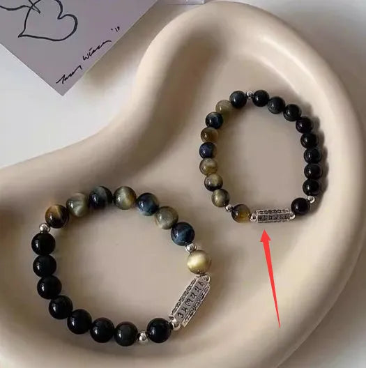 S925 sterling silver bracelet with Tigereye Obsidian beads and mantra engraving for men and women.