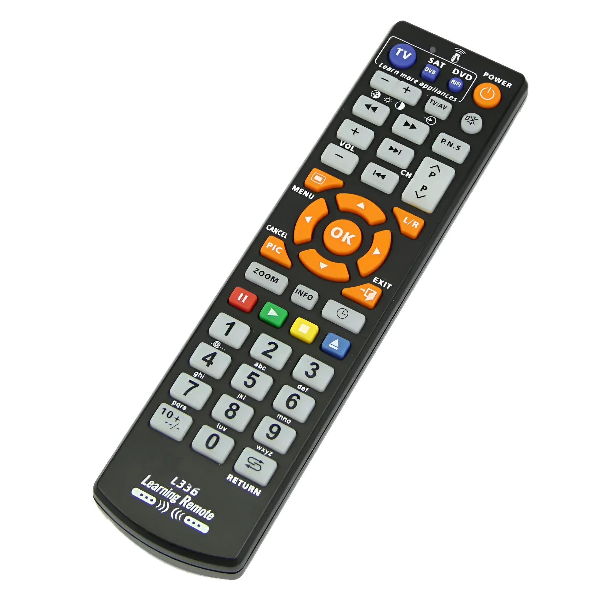 Black L336 learning remote control with standard button layout