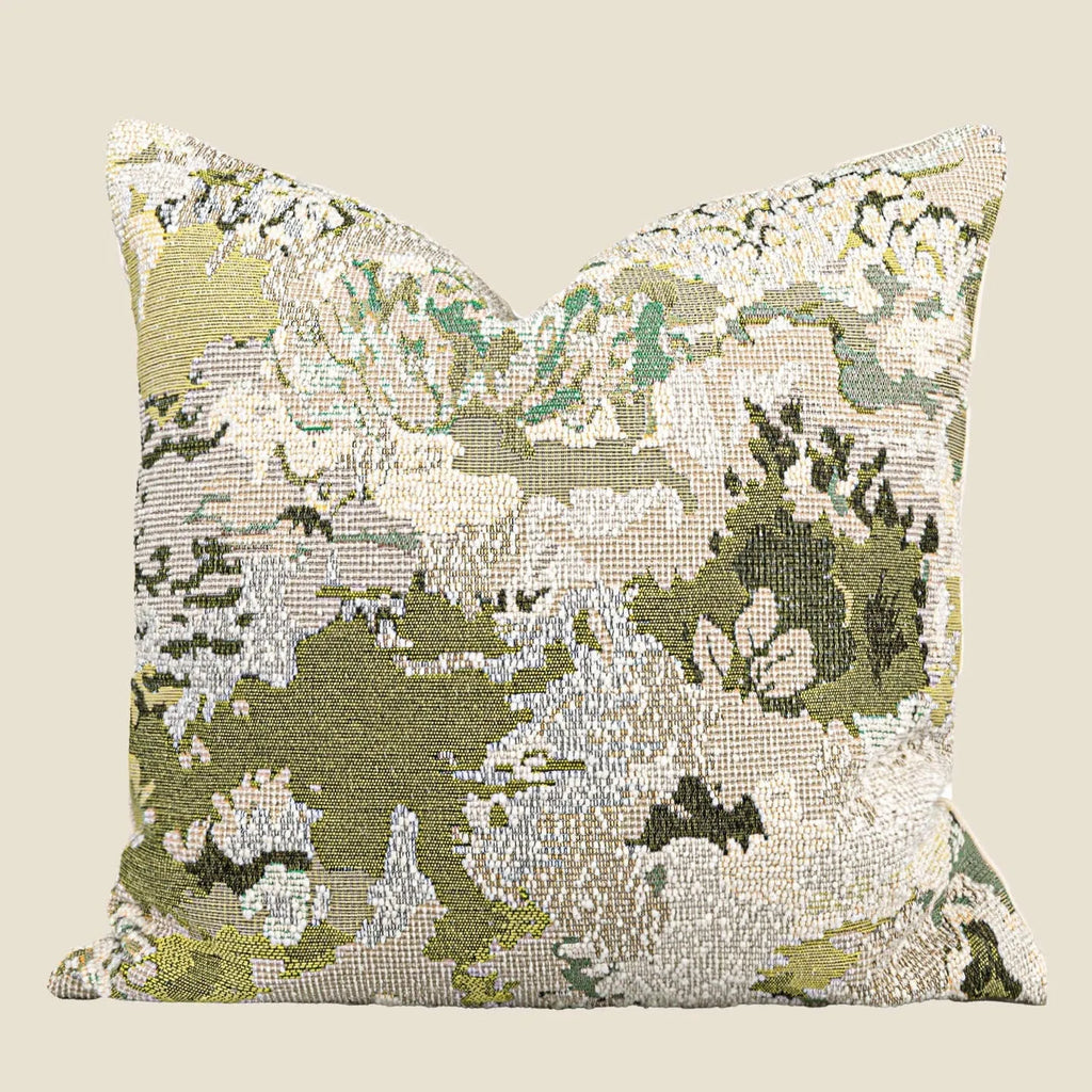 Antique green decorative pillow with abstract botanical pattern, available in square and waist pillow sizes