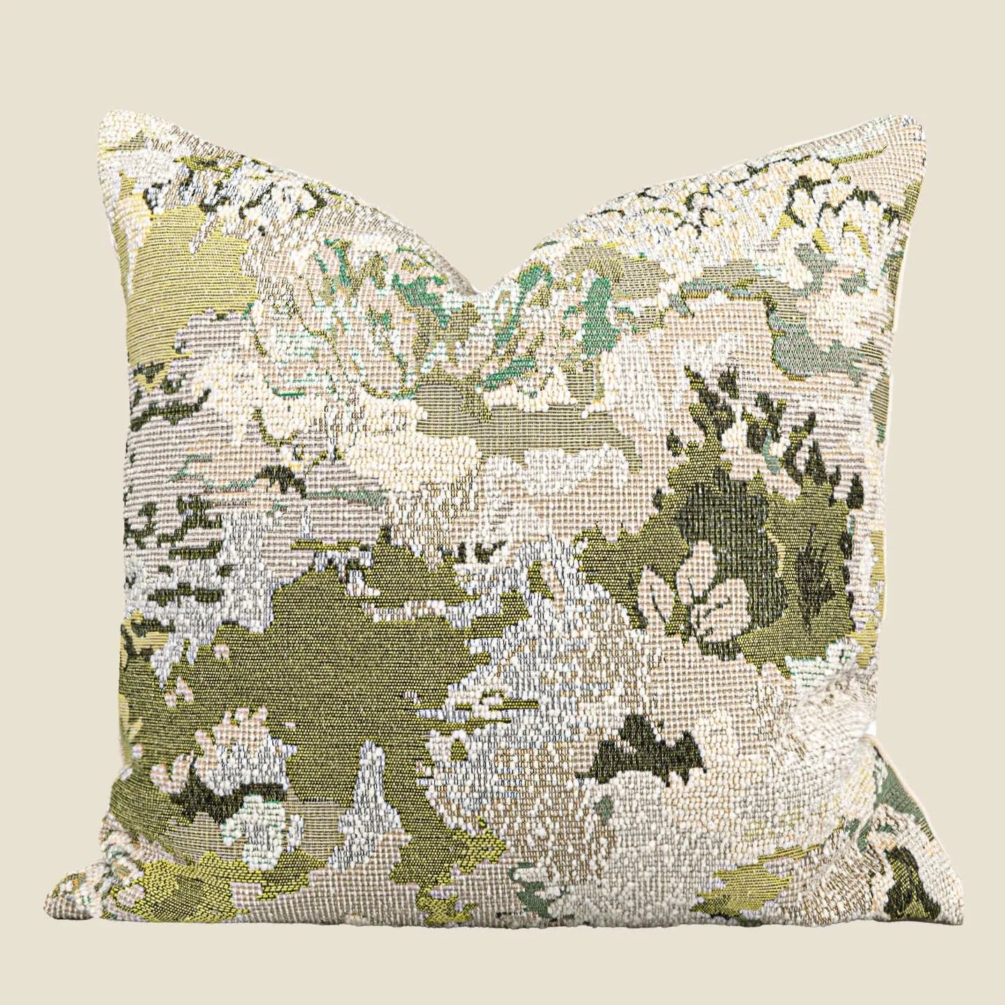 Antique green decorative pillow with abstract botanical pattern, available in square and waist pillow sizes