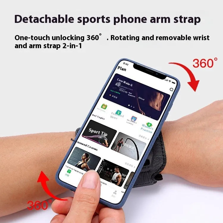 Black mobile phone holder worn on wrist showing smartphone compatibility for delivery and sports use