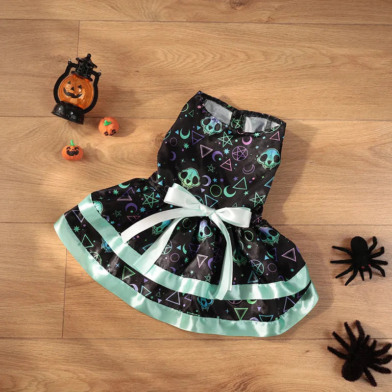 Colourful double-layer Halloween dog skirt with pumpkin print, shown in size M.