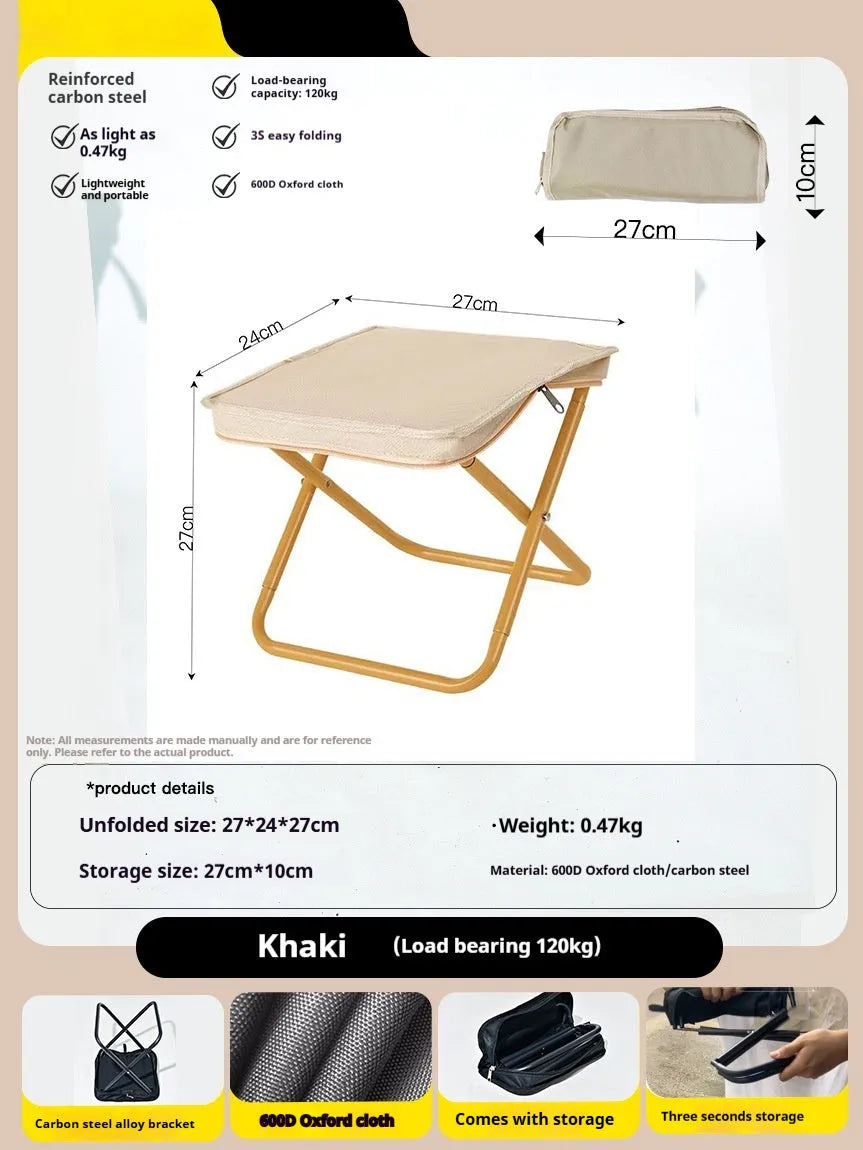 A folded lightweight camp stool with an Oxford cloth seat in a choice of colours.