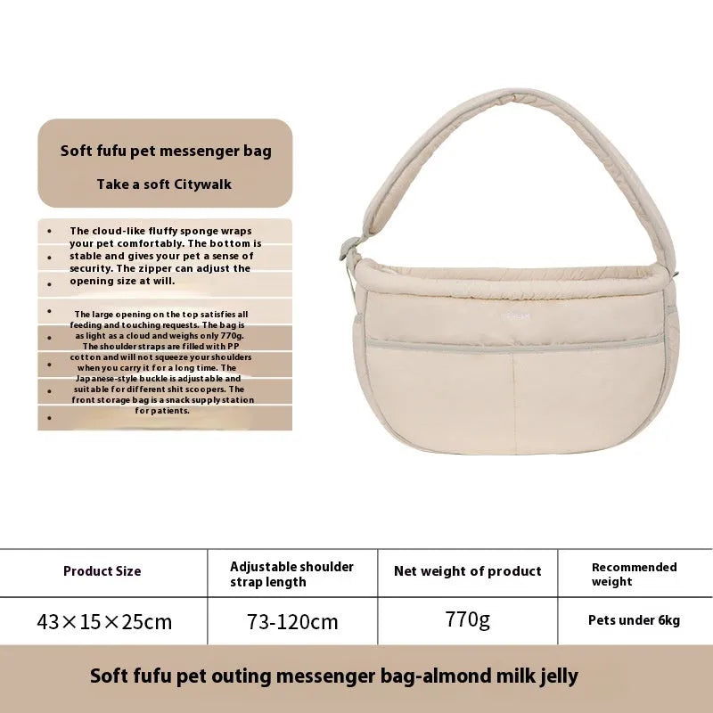 Portable outdoor nylon pet messenger bag for small pets under 6kg in Almond Custard colour with adjustable strap