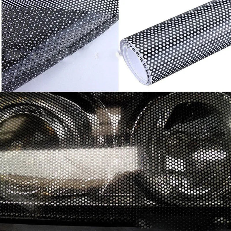 Perforated automotive colour changing film sheet measuring 30 by 106 centimetres with mesh-style design