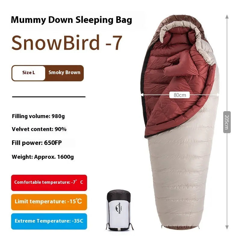 Goose down mummy sleeping bag in Snowbird series for adults, with storage bag