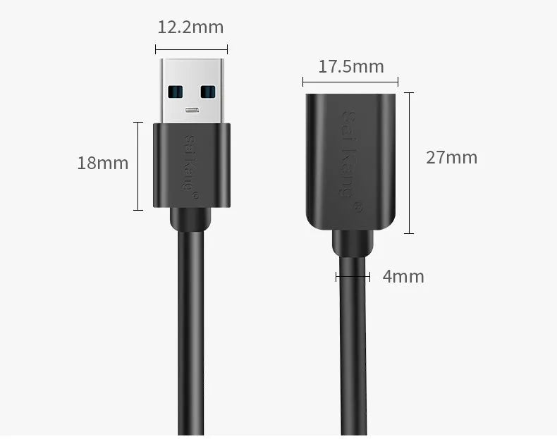 Black USB 3.0 and USB 2.0 male to female extension cable showing connectors and length options from 1 to 5 metres