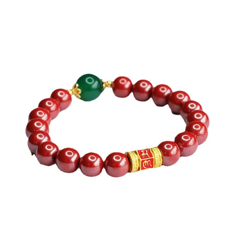 Cinnabar bracelet with Emperor Sandstone Six Words Motto design, 8mm bead size.