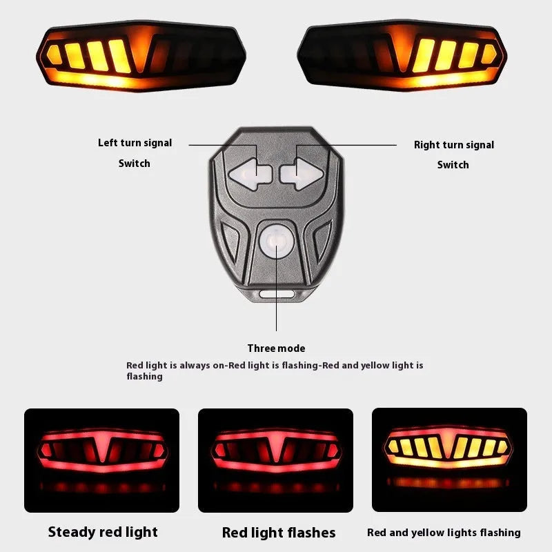 Remote control steering bicycle taillight with wireless operation and multiple warning light modes