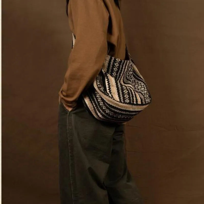 Corduroy retro striped messenger bag with adjustable plaid strap, measuring 37cm by 28.5cm.