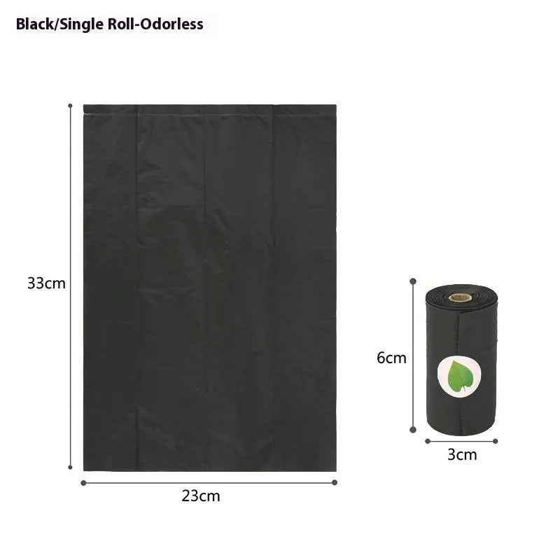 Green roll of EPI degradable thickened pet poop bags next to a green dispenser unit on a white background.